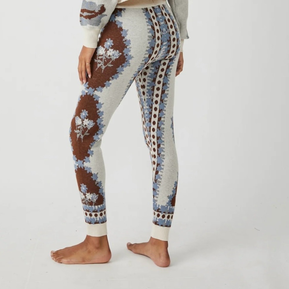 Free People Pants Boho Lounge Cream Blue Brown Knit Stretch Size Medium - Picture 4 of 6